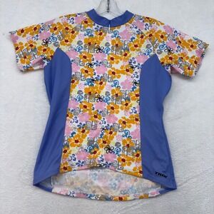 Trek Womens Cycling Jersey Medium Floral Tropical Short Sleeve Quarter Zip Blue